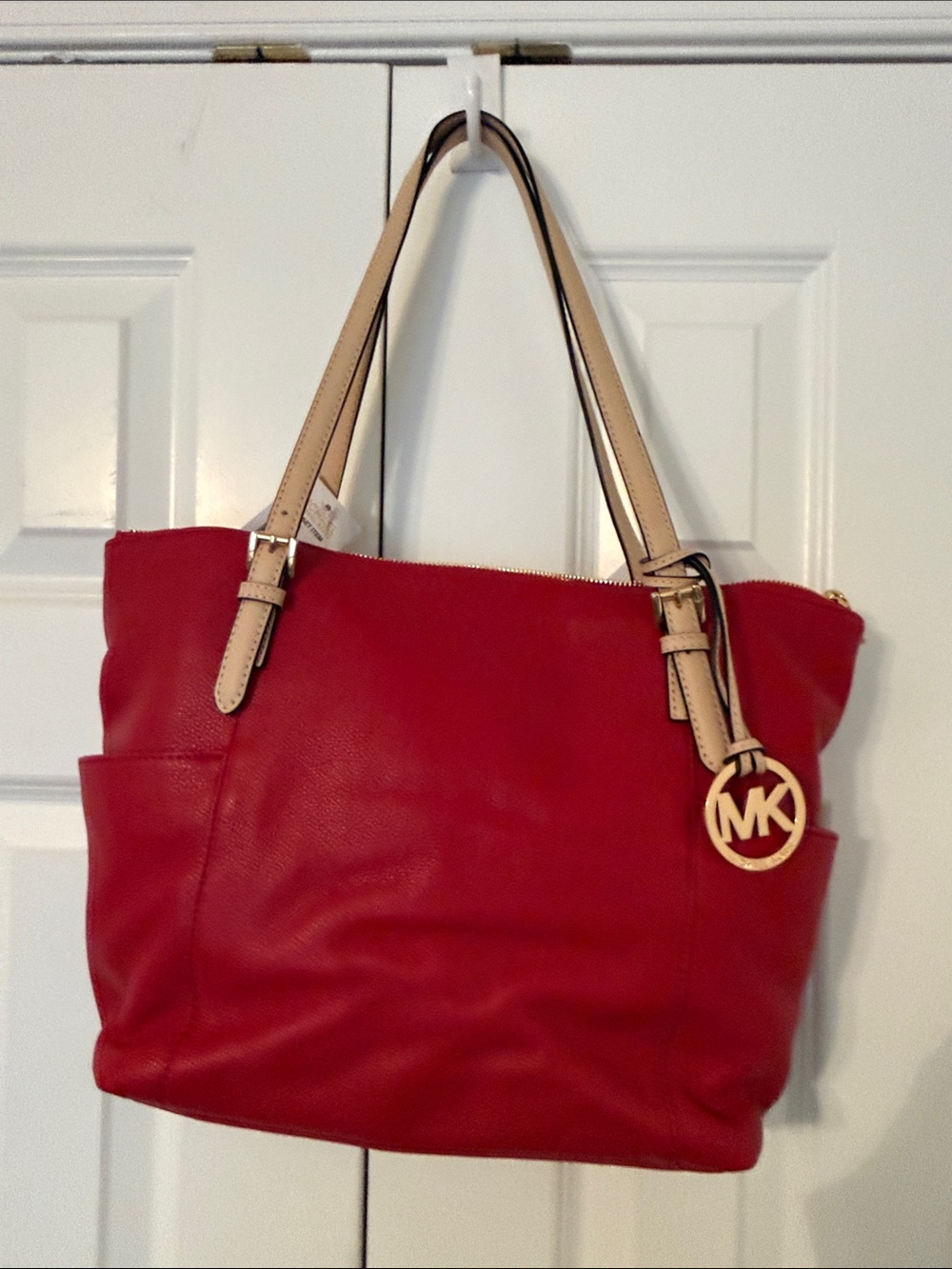 Michael Kors Red Leather Tote with Beige Straps and Gold MK Charm